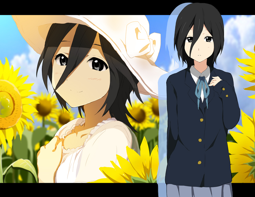black_eyes, black_hair, blazer, blush, bow, bust, cloud, clouds