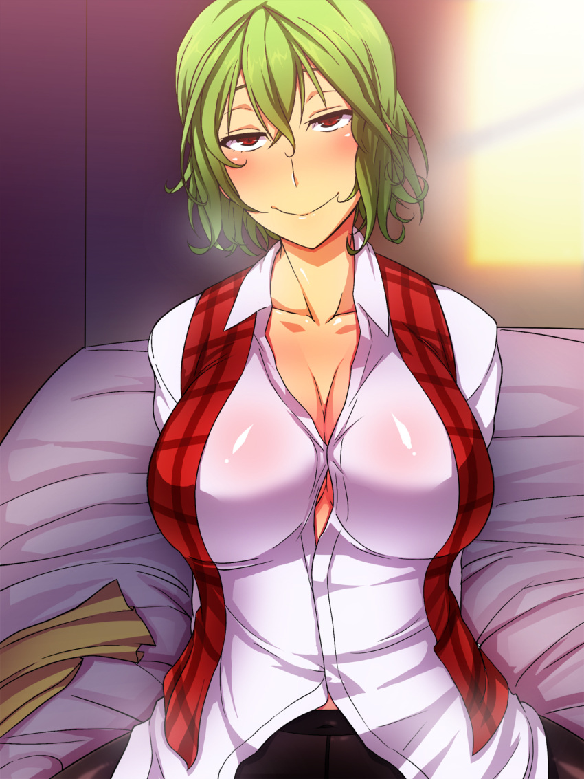 1girl, arms_behind_back, bed, blush, breasts, cleavage, collarbone, dress_shirt, green_hair, highres, huge_breasts, kazami_yuuka, killing_smile, large_breasts, looking_at_viewer, messy_hair, open_clothes, open_shirt, pantyhose, plaid, plaid_vest, red_eyes, shirt, short_hair, sitting, smile, solo, touhou, vest