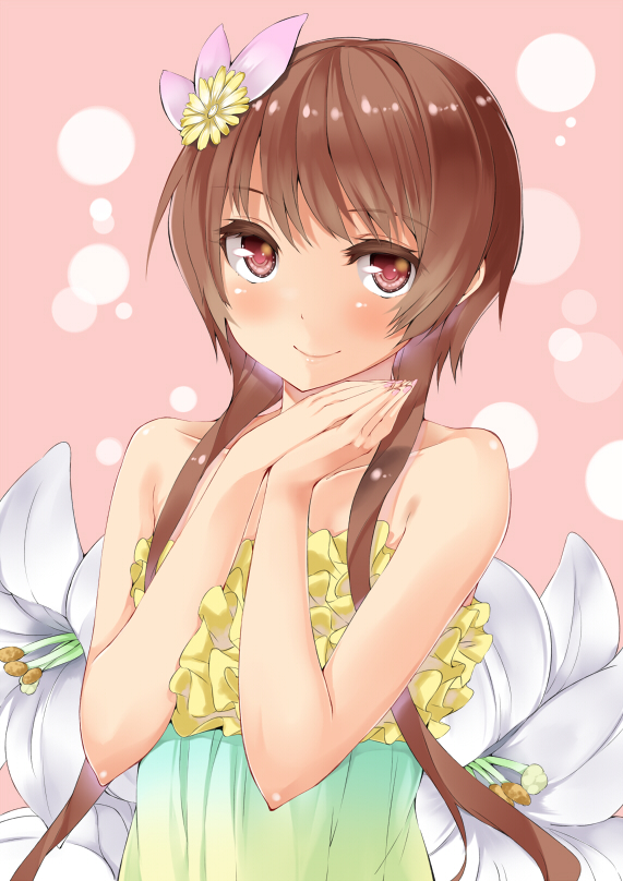 bare_shoulders, brown_hair, dress, flower, hair_flower, hair_ornament, hands_together, long_hair
