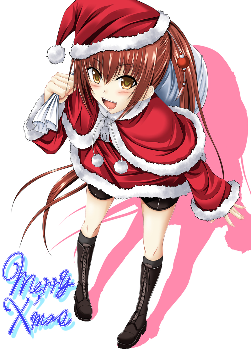 :d, arsenal, bag, bangs, bike_shorts, blush, boots, brown_eyes