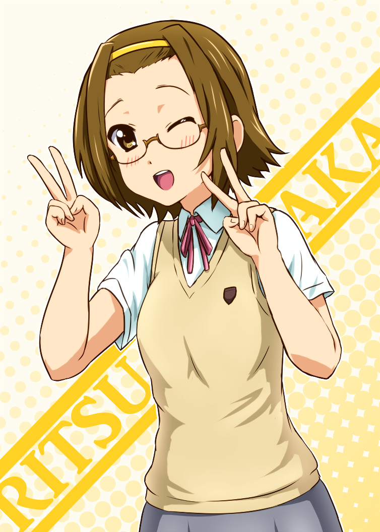 ;d, bespectacled, blush, brown_eyes, brown_hair, character_name, diesel-turbo, double_v
