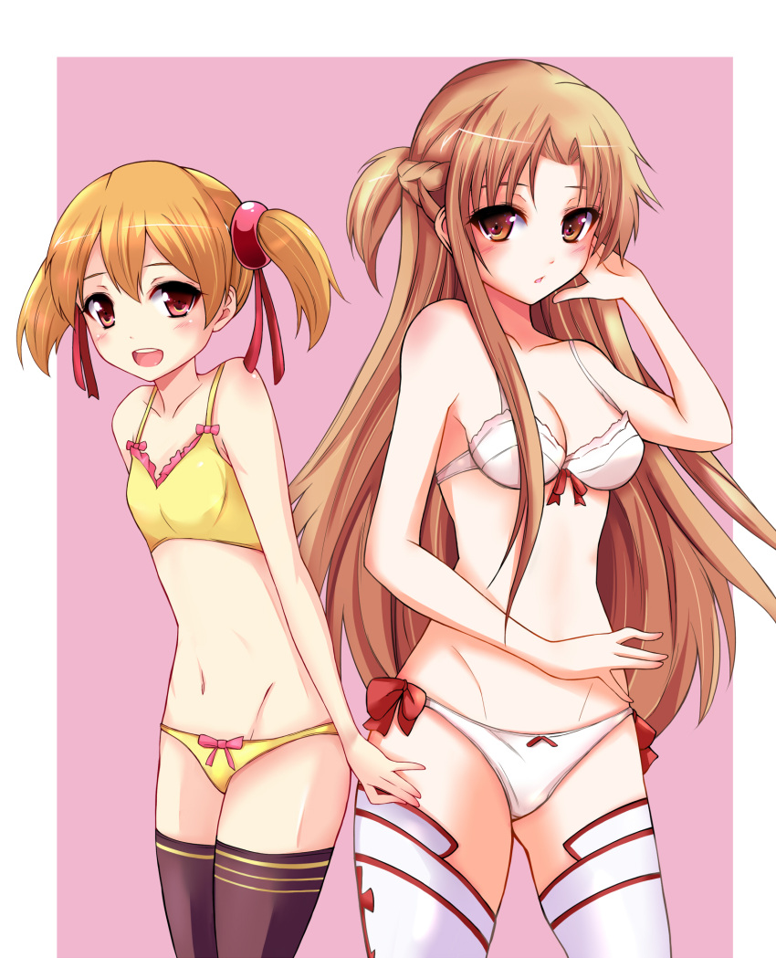asuna_(sao), blonde_hair, bow, bow_bra, bow_panties, bra, breasts, brown_eyes