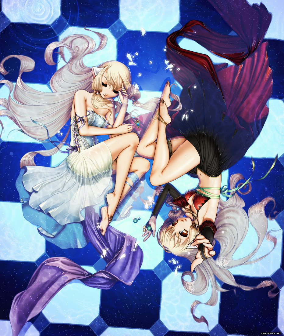 anklet, bare_legs, barefoot, bikini_top, brown_eyes, checkered, checkered_floor, chii