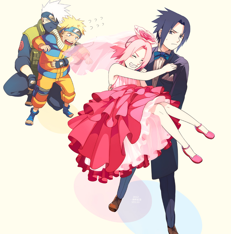3boys, black_hair, blonde_hair, carrying, couple, dress, grey_hair, haruno_sakura
