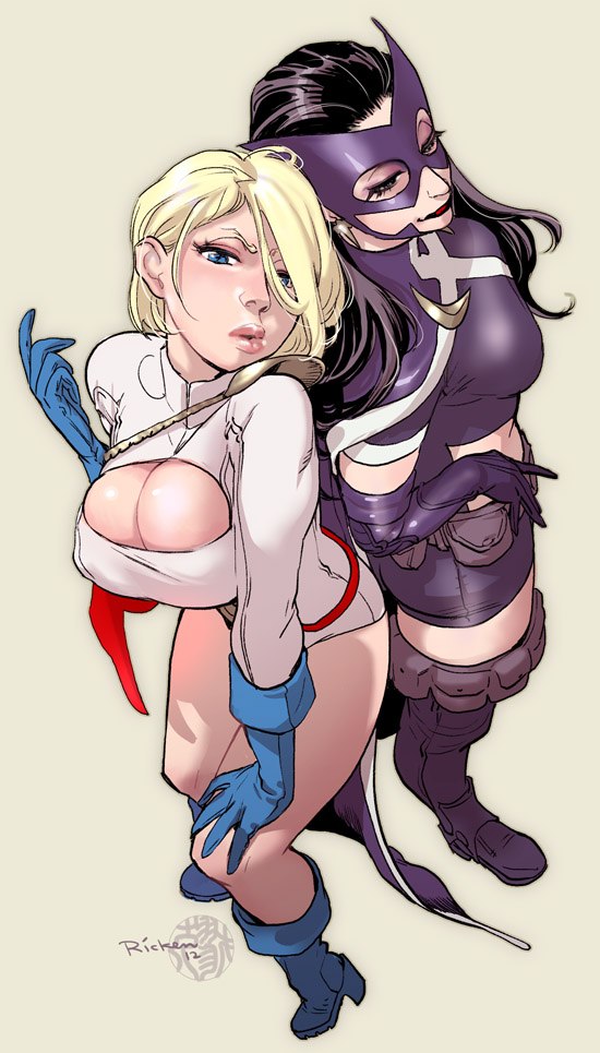 back-to-back, beckon, beckoning, bent_over, black_hair, blonde_hair, blue_eyes, breasts, cleavage, cleavage_cutout, come_hither, dc_comics, gloves, helena_bertinelli, huntress, large_breasts, leotard, lips, mask, multiple_girls, power_girl, ricken, smile
