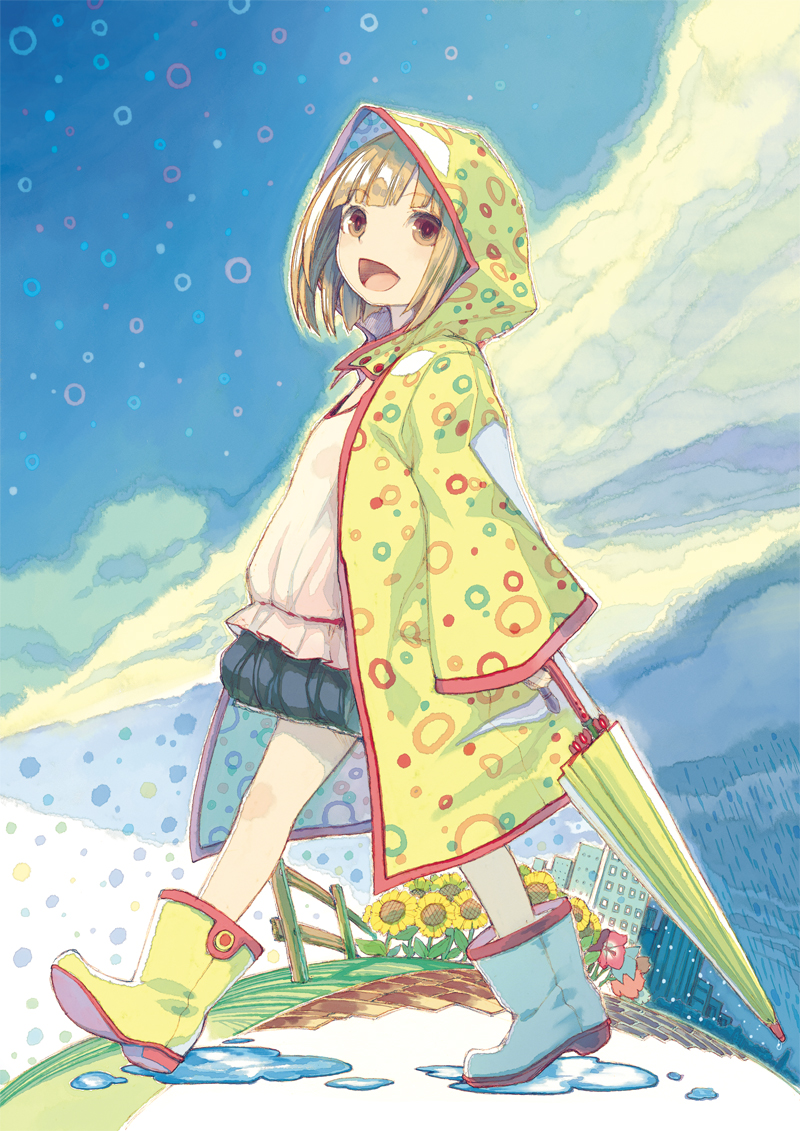 blush, boots, brown_eyes, brown_hair, child, cloud, clouds, flower, kimura_daisuke, open_mouth, original, rain, rain_boots, raincoat, short_hair, smile, solo, umbrella