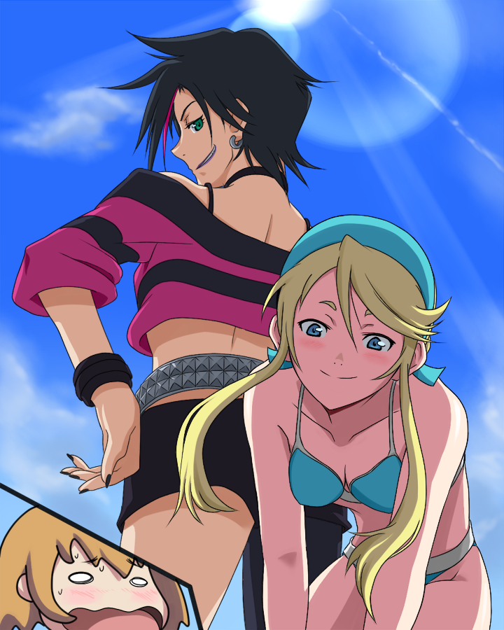 2girls, beimei, bikini, black_hair, blonde_hair, blue_eyes, bracelet, breasts