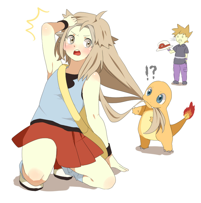 2boys, bag, biting, blue_(pokemon)_(cosplay), blue_eyes, blush, brown_eyes, brown_hair