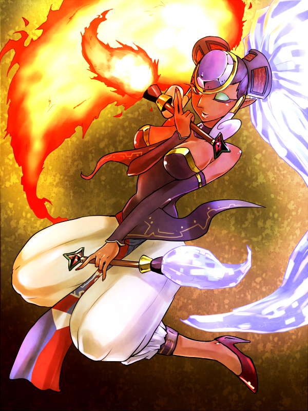 breasts, dark_skin, fire, high_heels, ice, ocarina_of_time, pointy_ears, red_eyes
