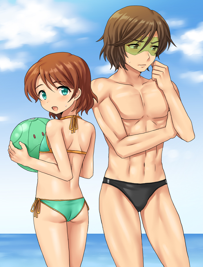 2boys, aqua_eyes, ass, ball, beachball, bikini, blush, brown_eyes, brown_hair, cloud, crossdressinging, frown, goggles, green_eyes, gundam, gundam_age, haro, inaho, kio_asuno, looking_back, multiple_boys, muscle, navel, ocean, open_mouth, seric_abis, short_hair, sky, smile, speedo, sunglasses, sweatdrop, swimsuit, trap, water