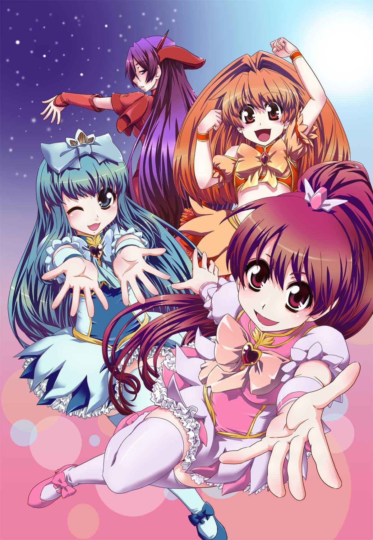 bare_shoulders, blue_eyes, blue_hair, blush, bow, brown_eyes, crossdressinging, fetix!