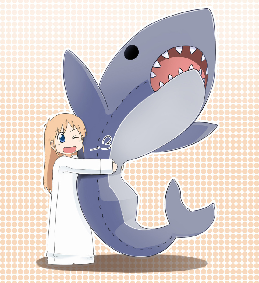 blonde_hair, blue_eyes, child, hakase_(nichijou), highres, hug, labcoat, long_hair