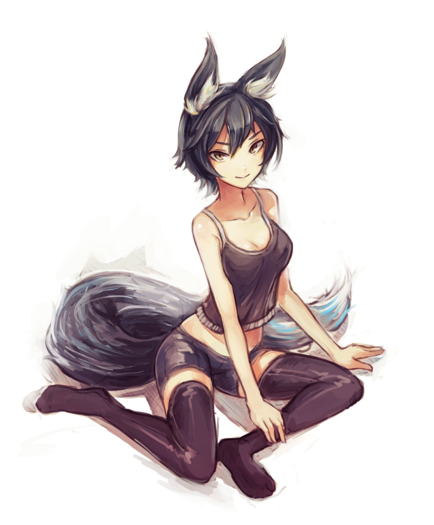 animal_ears, black_hair, black_legwear, breasts, camisole, cleavage, clothing, doomfest