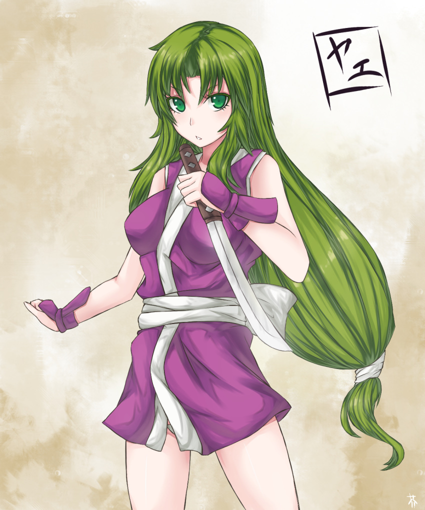 bad_id, ganbare_goemon, gauntlets, green_eyes, green_hair, highres, long_hair, ninja
