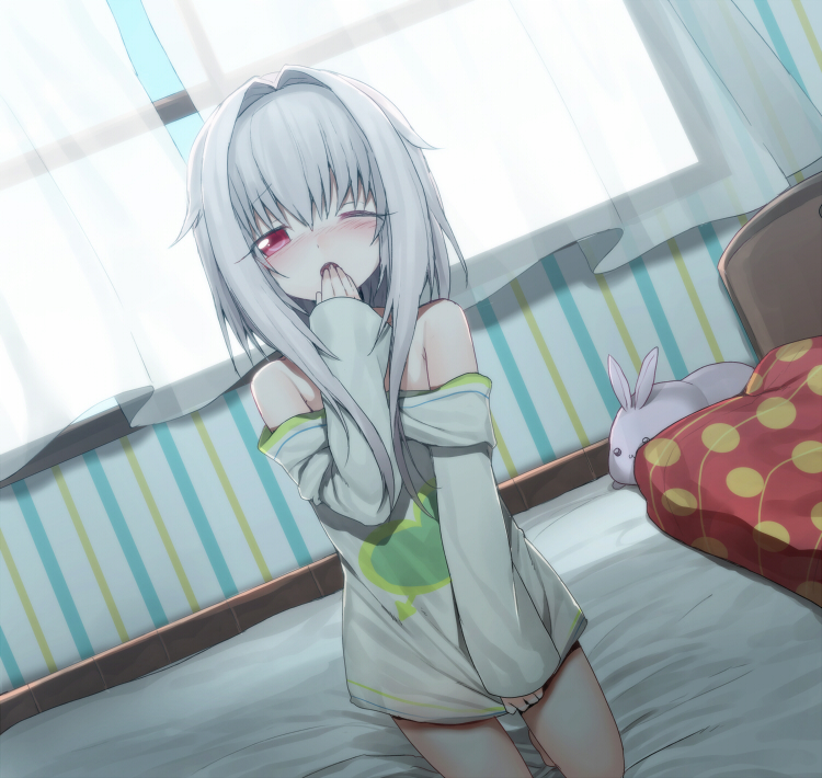 androgynous, bed, blush, bottomless, covering_mouth, crossdressinging, curtains, erubo, hair_intakes, kneeling, long_sleeves, male, off_shoulder, open_mouth, original, pillow, polka_dot, red_eyes, shirt_tug, short_hair, silver_hair, solo, stuffed_animal, stuffed_toy, trap, undersized_clothes, vertical_stripes, window, wink, yawning, yohane_(erubo), yohane_bonaventura