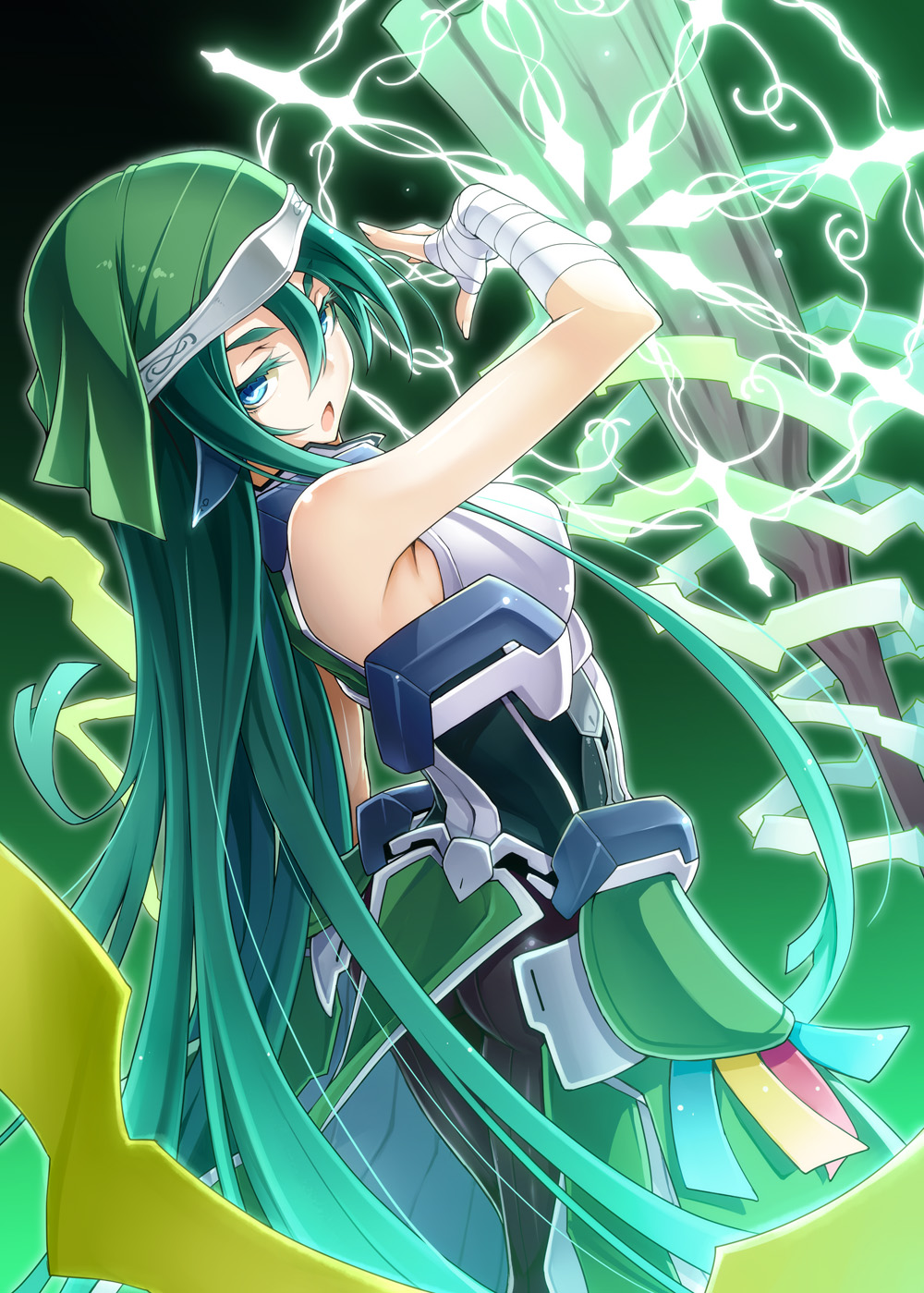 1girl, bandage, black_legwear, blue_eyes, bodysuit, ear_covers, female, grace_o'malley, grace_o'malley, green_hair, habit, highres, kyoukai_senjou_no_horizon, long_hair, pantyhose, pointy_ears, solo, staff, tori_(amadok79), yuu_(amadoki)