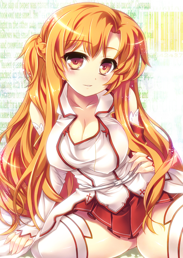 asuna_(sao), bare_shoulders, blush, breasts, cleavage, detached_sleeves, long_hair, looking_at_viewer