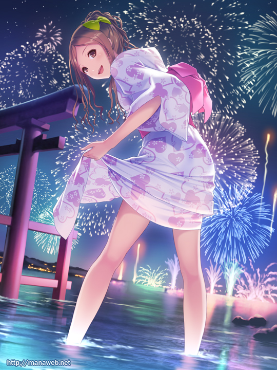 :d, bow, brown_eyes, brown_hair, feet_in_water, fireworks, hair_bow, ilog