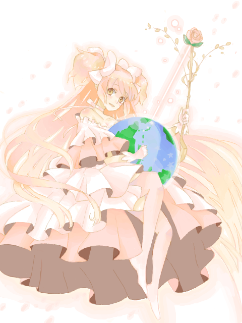 bow, bow_(weapon), dress, earth, flower, goddess_madoka, hair_bow, kaname_madoka, long_hair, mahou_shoujo_madoka_magica, pink_hair, ribbon, rose, smile, solo, sooda, tegaki, two_side_up, ultimate_madoka, very_long_hair, weapon