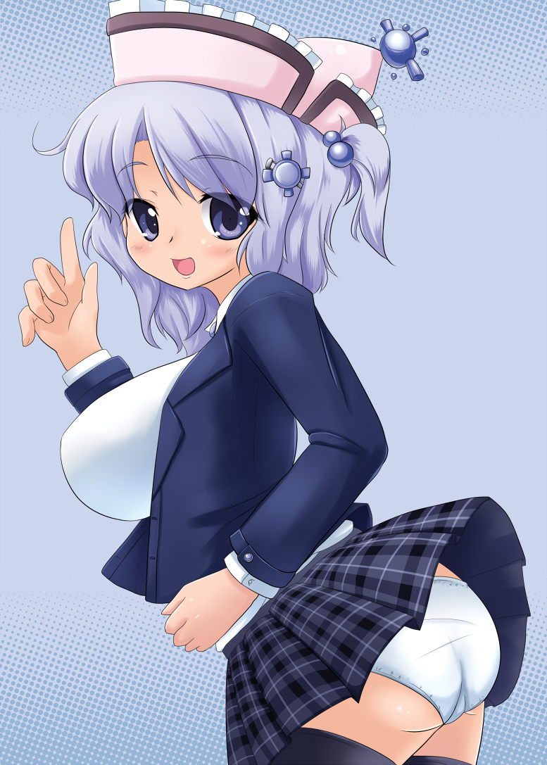 alternate_costume, back, black_legwear, blazer, blue_eyes, blue_hair, blush, breasts, chuuten_(tyuuten), hat, large_breasts, merlin_prismriver, open_mouth, panties, school_uniform, short_hair, skirt, smile, solo, thigh-highs, thighhighs, touhou, underwear, white_panties