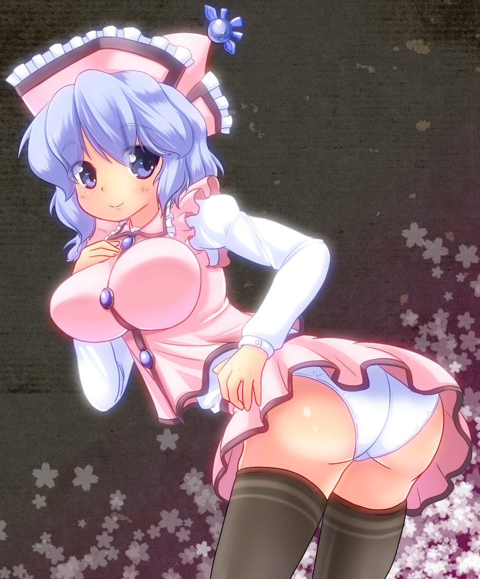 ass, back, black_legwear, blue_eyes, blue_hair, blush, breasts, chuuten_(tyuuten)