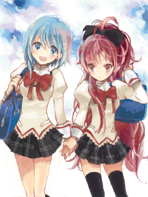 bag, blue_eyes, blue_hair, holding_hands, j-peg, mahou_shoujo_madoka_magica, miki_sayaka, multiple_girls, red_eyes, red_hair, redhead, ribbon, sakura_kyouko, school_bag, school_uniform, short_hair, tegaki