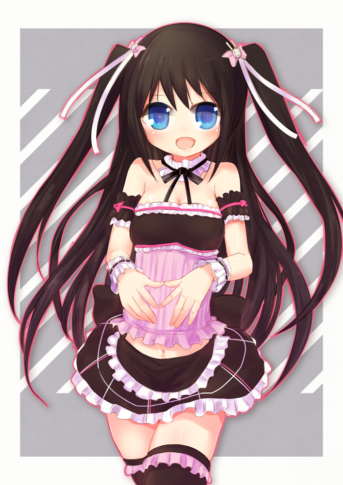 bare_shoulders, black_hair, blue_eyes, blush, collar, denpa_(kazuharu), hair_ribbon, ico_(green_bullet)