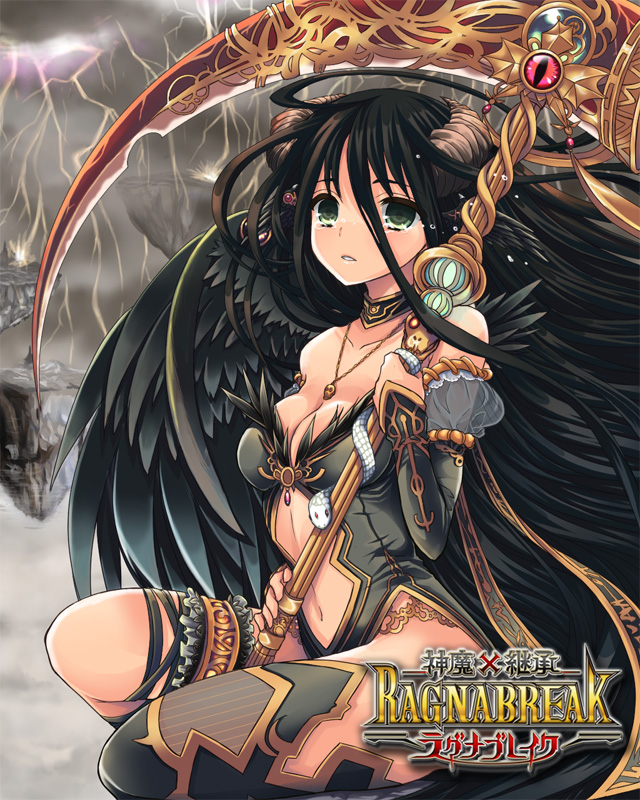 bare_shoulders, black_hair, black_legwear, black_wings, breasts, choker, cleavage, detached_sleeves