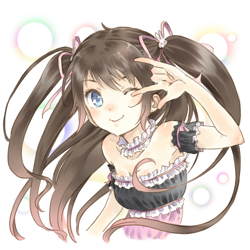 arm_garter, blue_eyes, brown_hair, choker, denpa_(kazuharu), hair_ribbon, long_hair, original