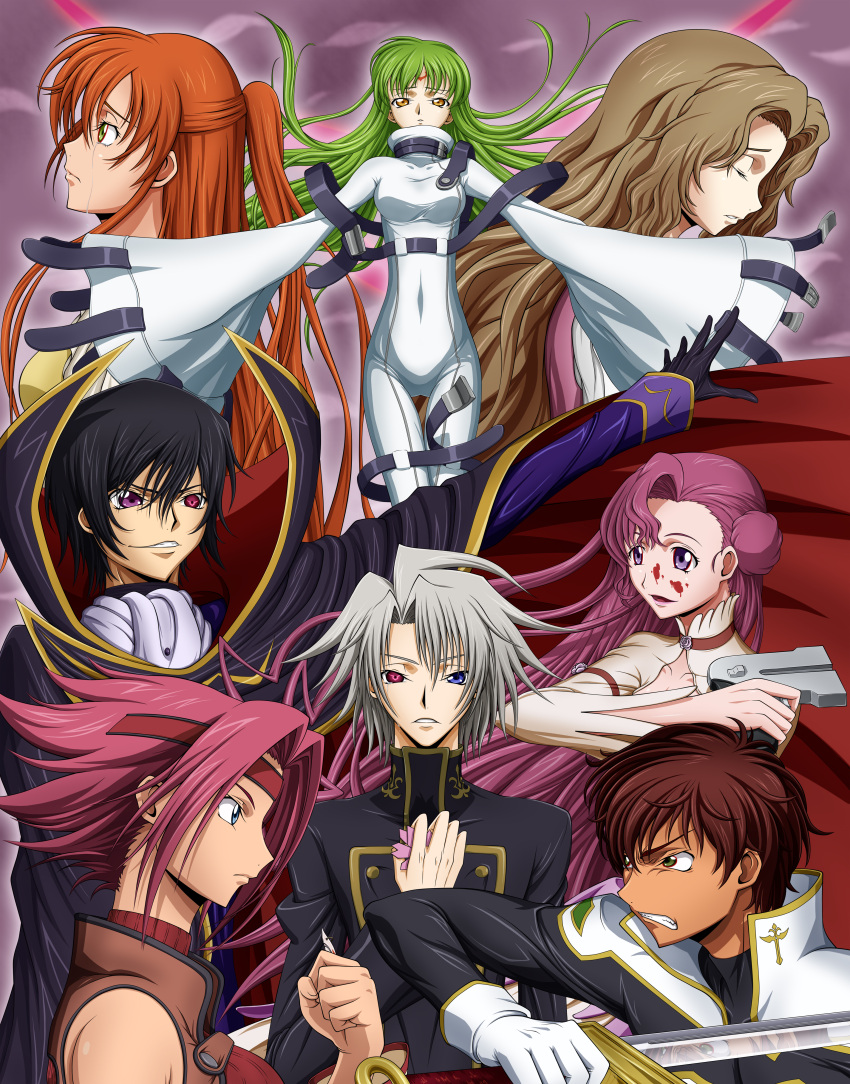 3boys, 5girls, absurdres, angry, black_hair, bleachist, blood, blue_eyes, bodysuit, brown_hair, buckle, c.c., cc, clenched_hand, clenched_teeth, cloak, closed_eyes, code_geass, code_geass:_lost_colors, crying, dress, euphemia_li_britannia, eyes_closed, geass, green_eyes, green_hair, grey_hair, grin, gun, hair_bun, headband, highres, kallen_stadtfeld, kururugi_suzaku, lelouch_lamperouge, long_hair, military, military_uniform, multiple_boys, multiple_girls, nunnally_lamperouge, orange_hair, pink_hair, ponytail, profile, purple_eyes, purple_hair, rai, red_eyes, red_hair, redhead, school_uniform, shirley_fenette, short_hair, smile, sword, tears, uniform, very_long_hair, violet_eyes, weapon, yellow_eyes