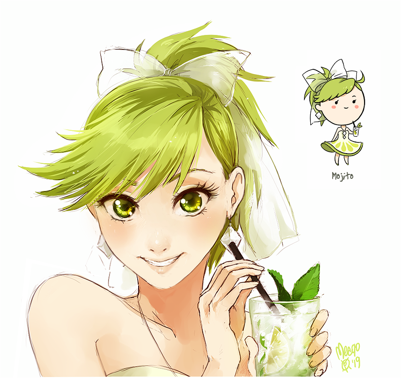 bangs, bare_arms, blush_stickers, bow, chibi, cup, dress, drink, dual_persona, earrings, food, food_themed_clothes, fruit, glass, green_eyes, green_hair, hair_bow, holding, jewelry, leaf, lime_(fruit), lips, long_hair, looking_at_viewer, matching_hair/eyes, meago, mojito, original, personification, ponytail, portrait, rough, signature, simple_background, smile, solo, straw, white_background