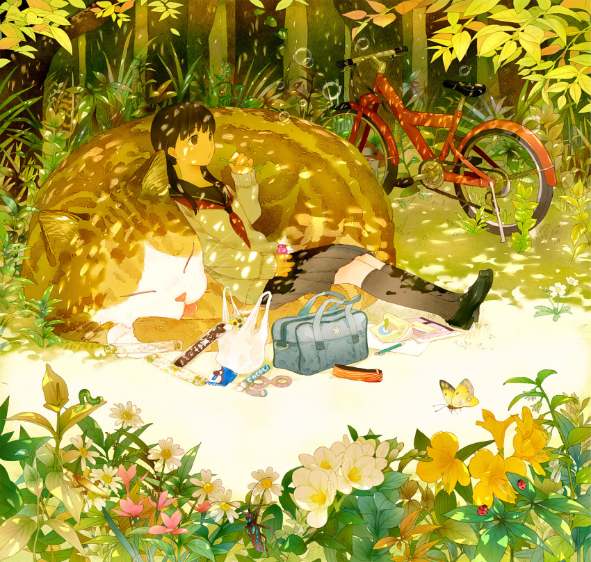 ame_(conronca), animal, bag, bicycle, black_hair, black_legwear, blowing_bubbles, book