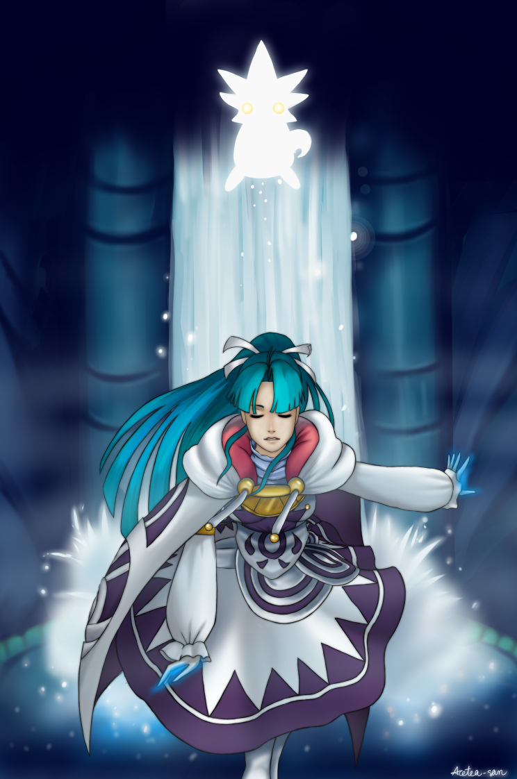 1girl, blue_eyes, blue_hair, cloak, closed_eyes, djinn, dress, golden_sun