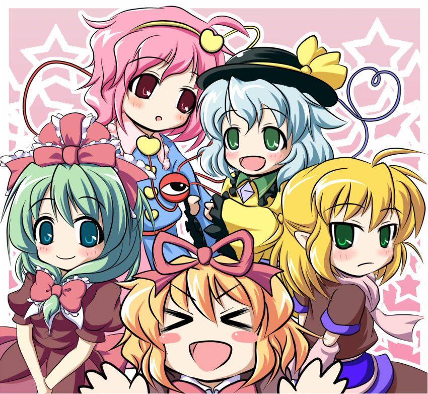 >_<, :d, :o, aqua_eyes, arm_warmers, blonde_hair, blue_hair, blush