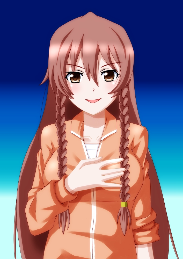 braid, brown_eyes, brown_hair, de_metrio_lu_yurikano, long_hair, netwavers, rinne_no_lagrange, sleeves_rolled_up, smile, solo, track_jacket, track_suit, twin_braids, very_long_hair