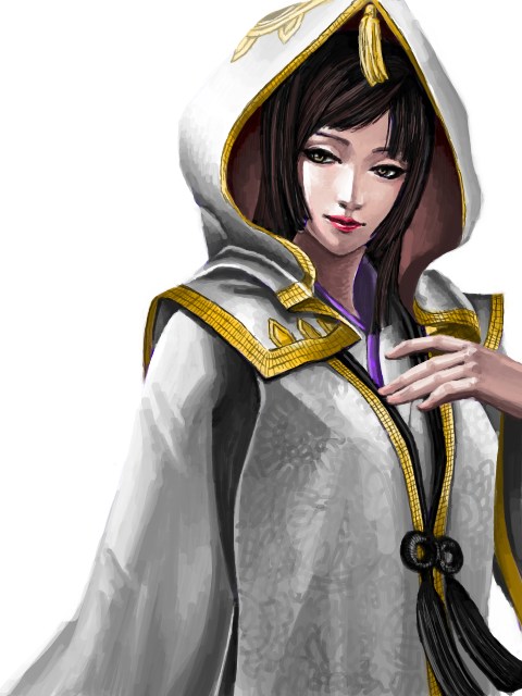 aya_gozen, black_eyes, black_hair, female, golgi, hood, lipstick, long_hair
