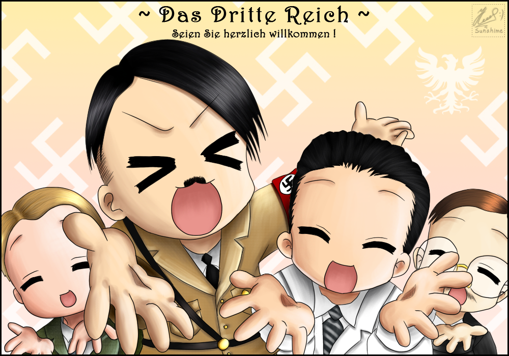 >_<, 4boys, adolf_hitler, glasses, heinrich_luitpold_himmler, hermann_wilhelm_goering, joseph_goebbels, lucky_star, motteke!_serafuku, multiple_boys, nazi, parody, sunahime