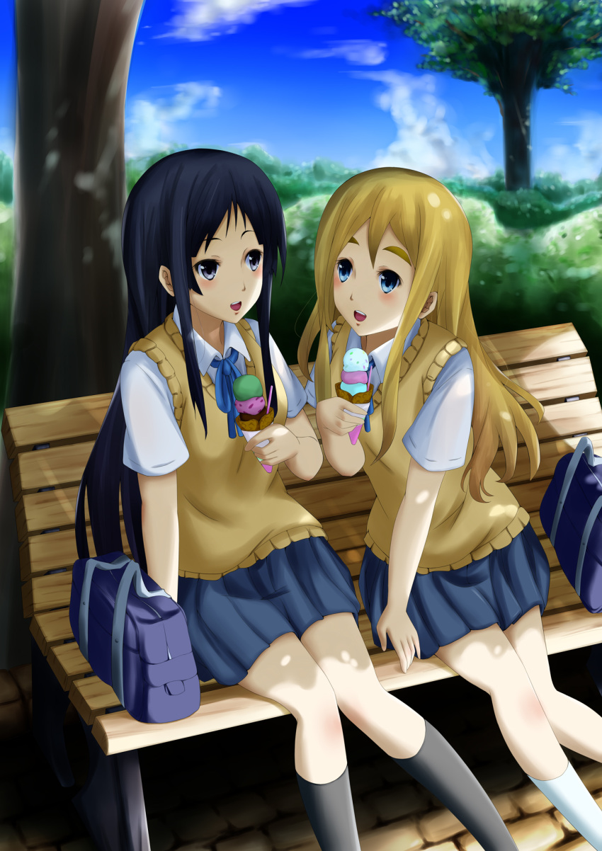 2girls, akiyama_mio, alternate_hairstyle, black_eyes, black_hair, blonde_hair, blue_eyes, blush