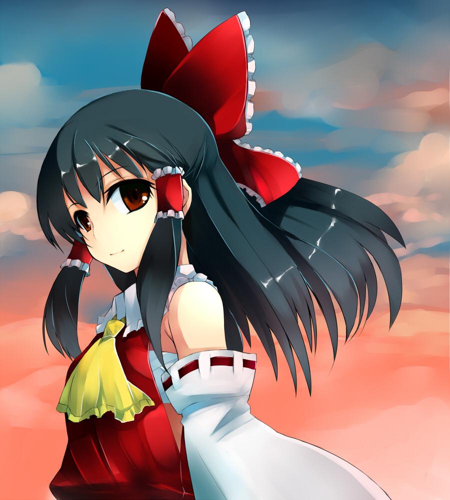ascot, bare_shoulders, black_hair, blush, bow, brown_eyes, cloud, clouds