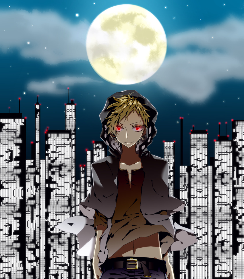 1boy, belt, blonde_hair, building, city, city_skyline, cloud, colored_eyelashes