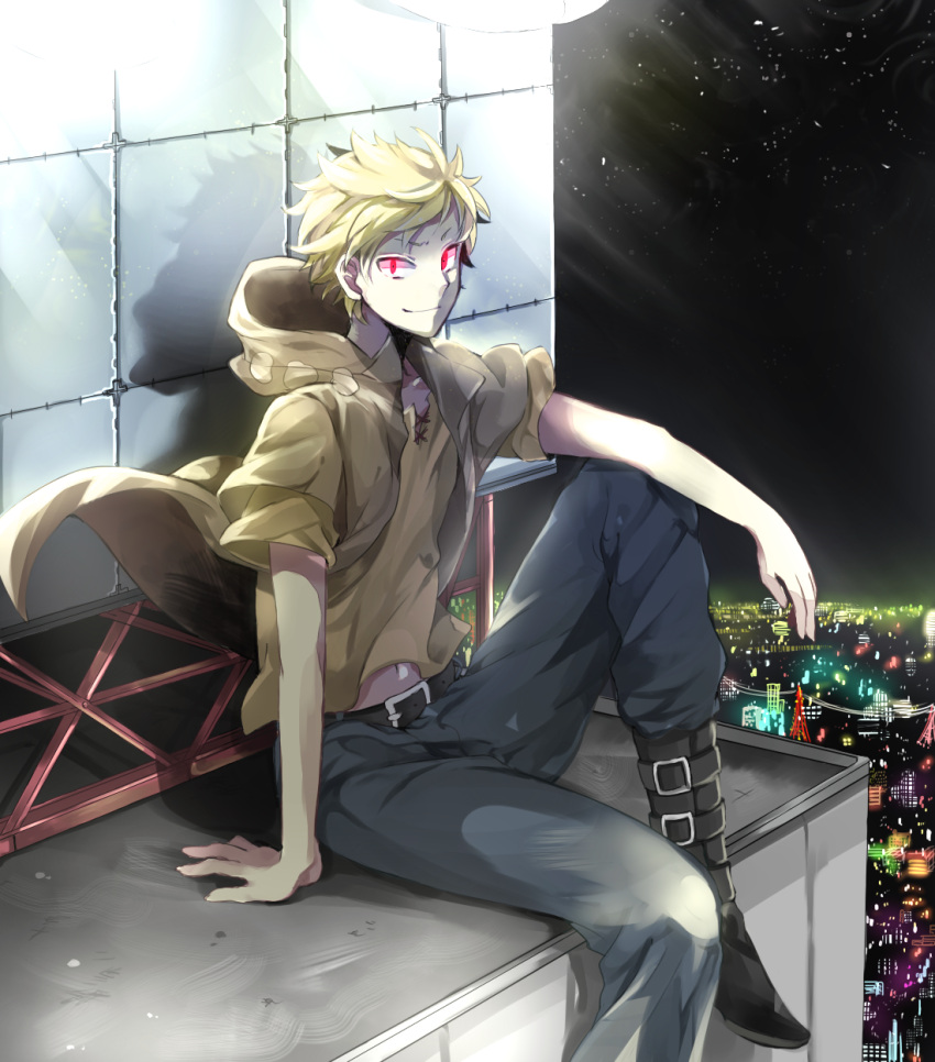 1boy, belt, blonde_hair, boots, city, city_lights, highres, hoodie