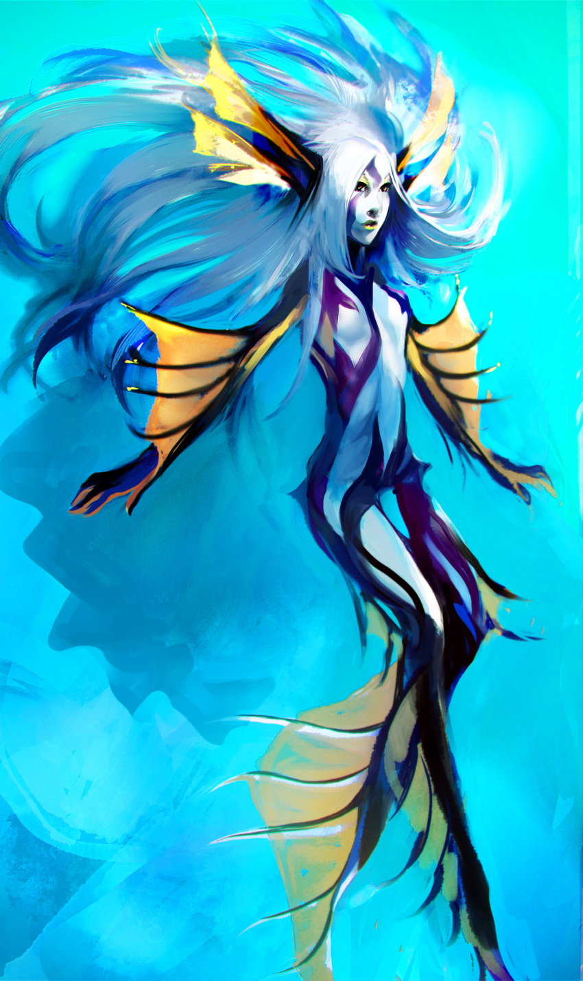 1girl, blue_hair, eyeshadow, fins, flat_chest, have_conquest, highres, long_hair, makeup, monster_girl, nude, original, red_eyes, solo, therianthrope, underwater, very_long_hair, yellow_lipstick