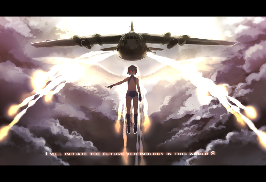 ac-130, airplane, boots, cloud, creeper, flare, flying, glowing, glowing_eyes, green_hair, highres, kitsune_(kazenouta), letterboxed, looking_at_viewer, military, minecraft, missile, outstretched_arm, personification, red_eyes, short_hair, shorts, wings