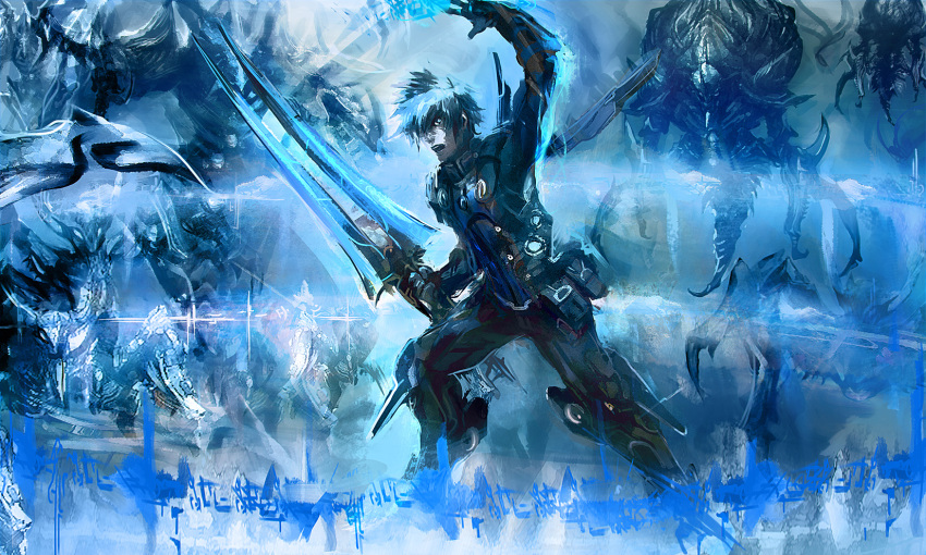 arm_up, armor, aura, blue, blue_hair, buriaada, close_quarter, dagan