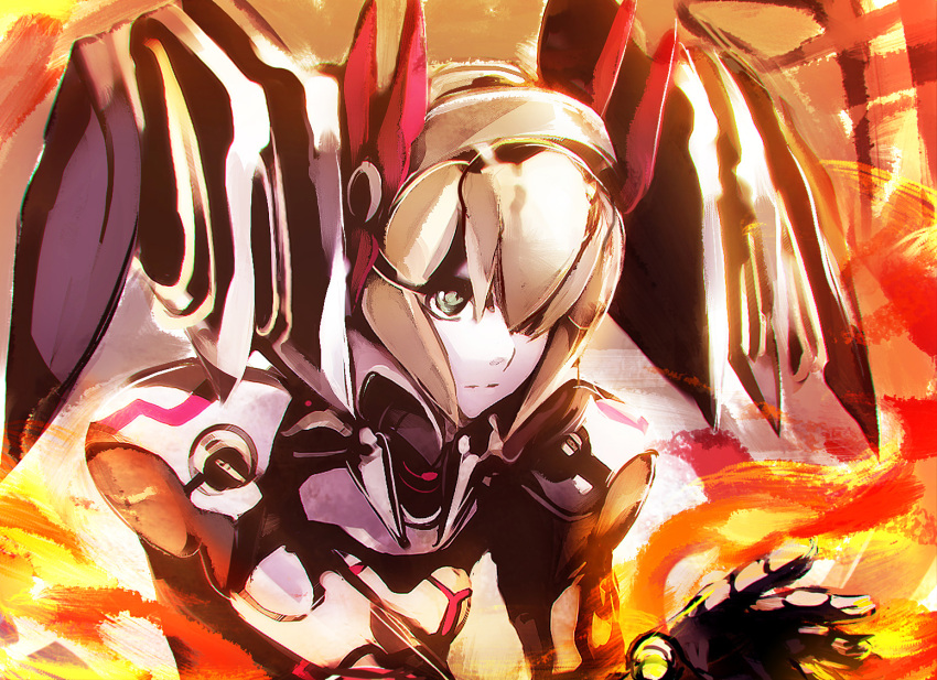 android, blonde_hair, bust, expressionless, farnen_series, fire, focaseal, green_eyes