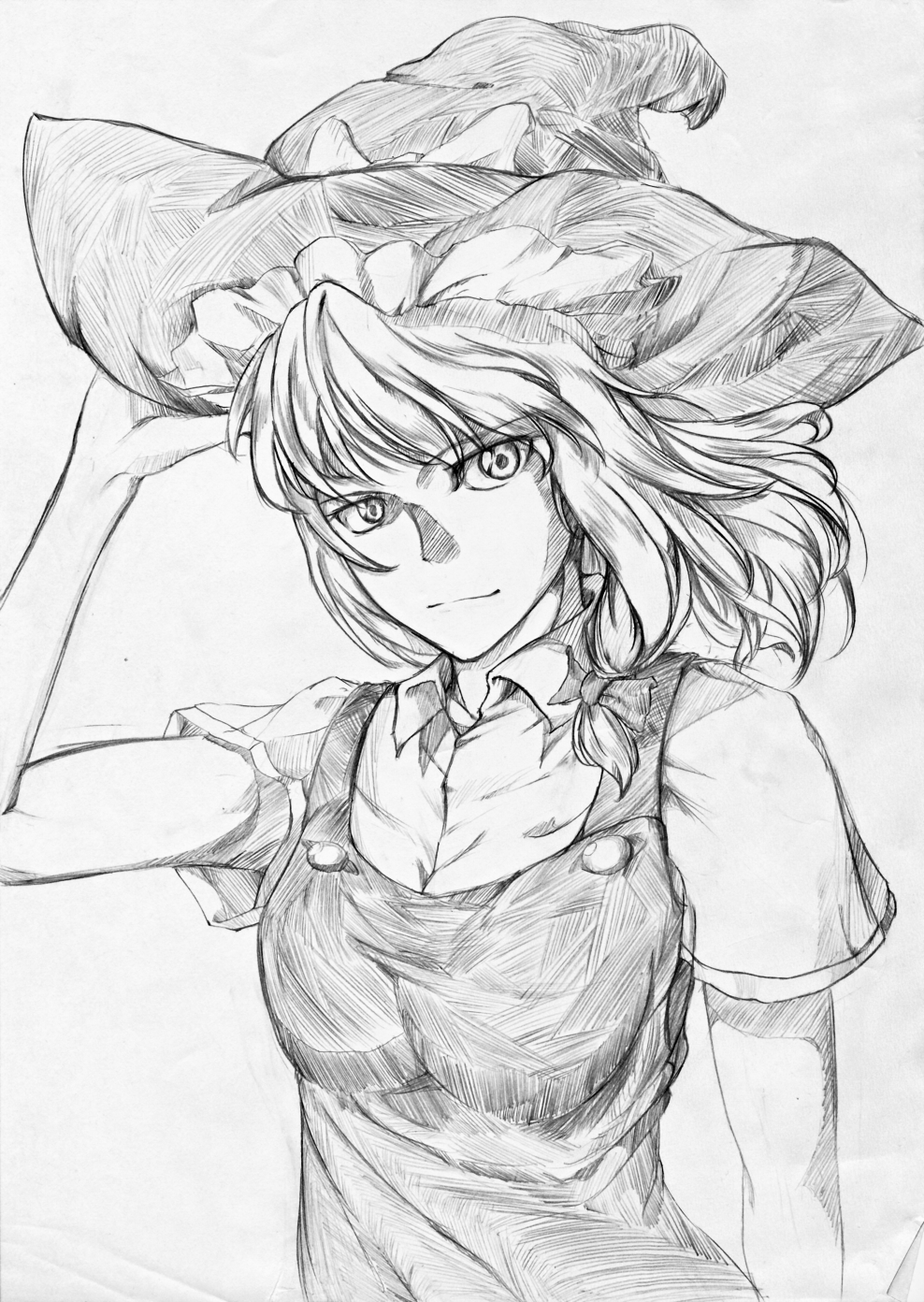 hair_ribbon, hand_on_hat, hat, highres, holding, kirisame_marisa, kusabi_(artist), kusabi_(fatesyuki23), monochrome, portrait, ribbon, short_hair, short_sleeves, smile, solo, touhou, traditional_media, wind, witch_hat