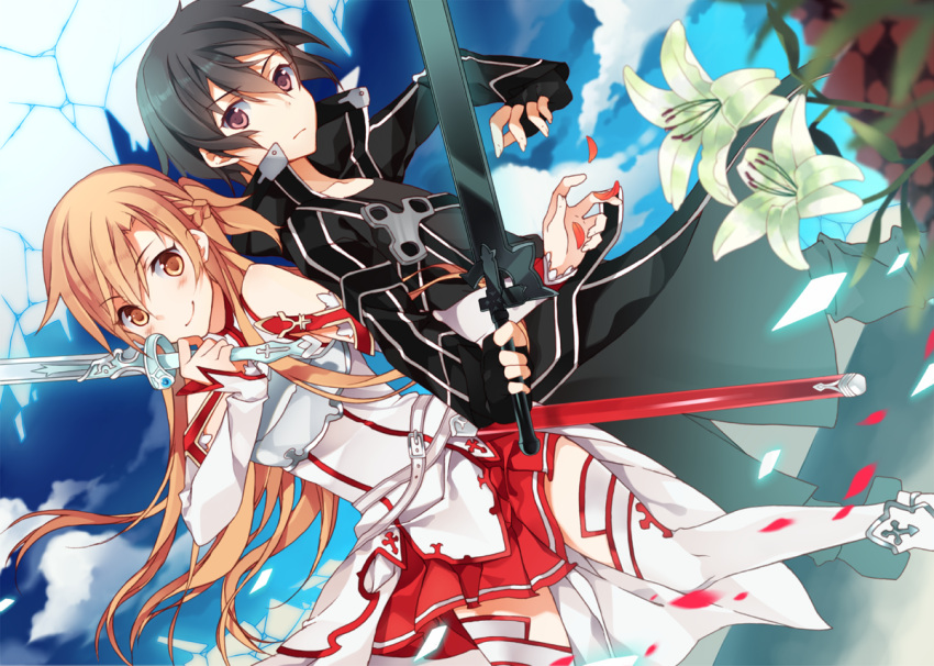 1girl, armor, asuna_(sao), black_hair, brown_eyes, brown_hair, clouds, flower, flowers, kirigaya_kazuto, kirito, kuragari, long_hair, motyo1964, petals, purple_eyes, short_hair, skirt, sky, smile, sword, sword_art_online, thighhighs, weapon, white_legwear, yuuki_asuna