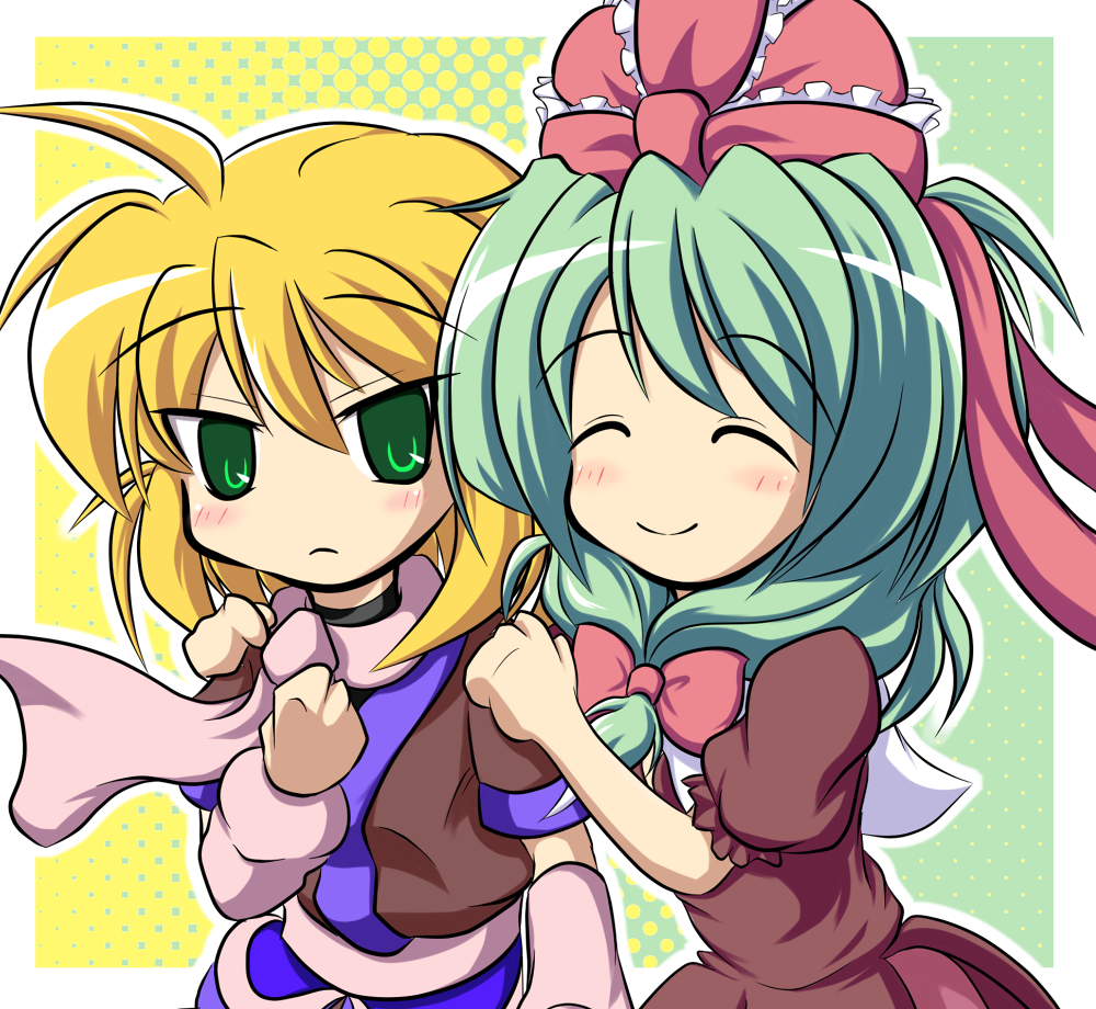 arm_warmers, blonde_hair, blush, bow, closed_eyes, eyes_closed, front_ponytail, green_eyes, green_hair, hair_bow, hair_ornament, hair_ribbon, kagiyama_hina, long_hair, mizuhashi_parsee, multiple_girls, nullpooo, polka_dot, polka_dot_background, ribbon, scarf, short_hair, short_sleeves, smile, touhou