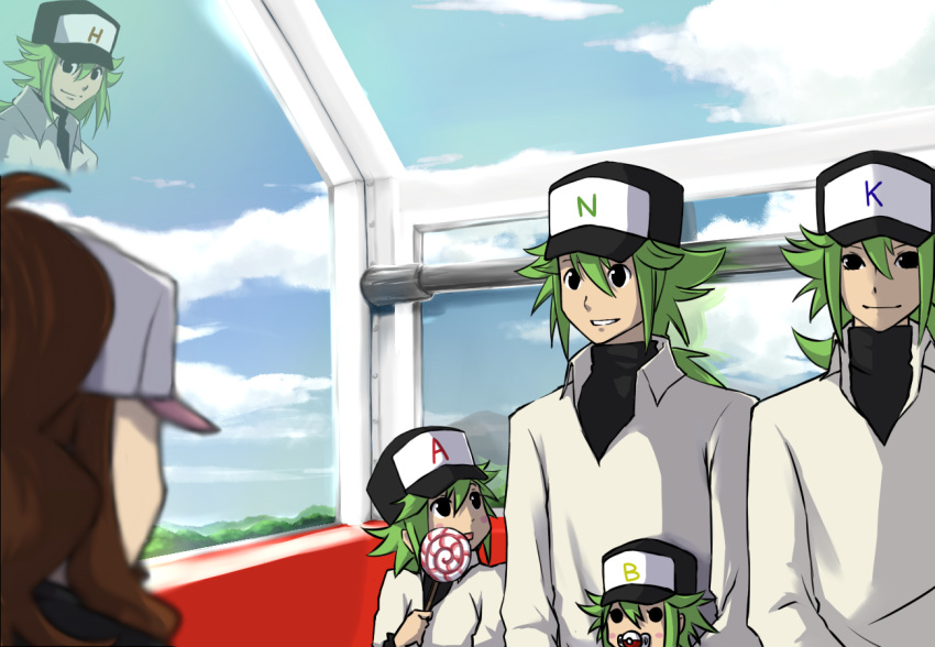 1girl, 5boys, bad_id, baseball_cap, black_eyes, candy, child, clone