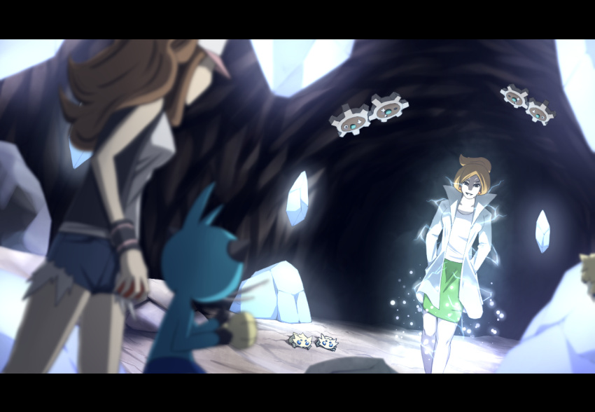 araragi_(pokemon), bad_id, baseball_cap, blonde_hair, blurry, brown_hair, depth_of_field, dewott